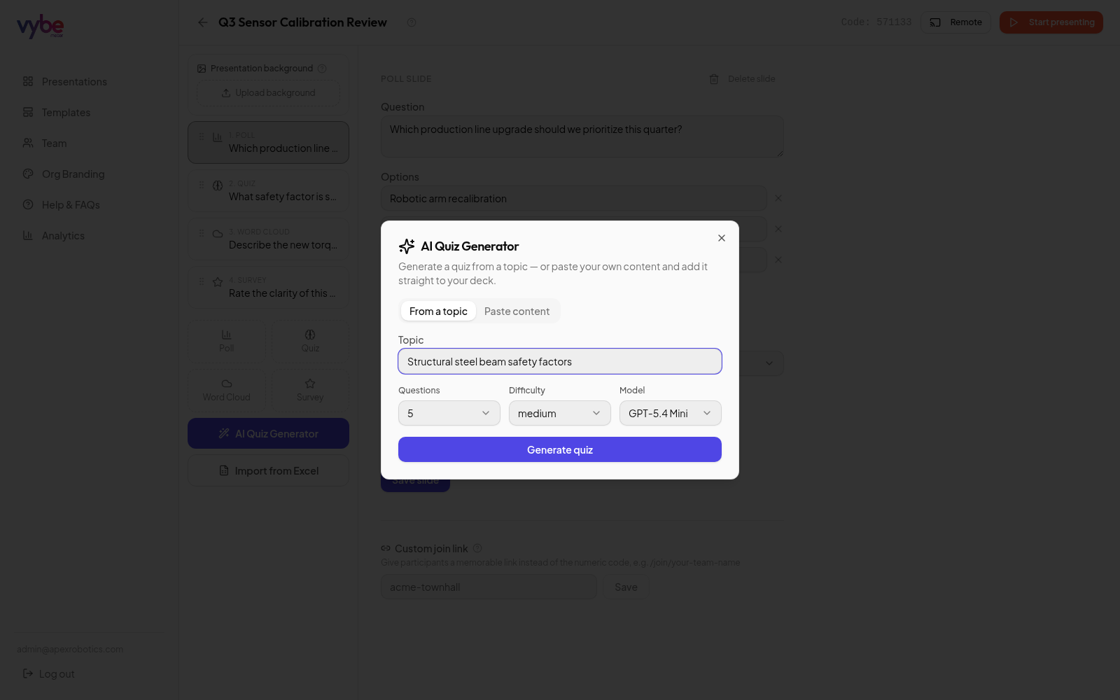 AI Quiz Generator interface